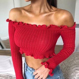Long-sleeve Off-shoulder Ruffle Crop Knit Top