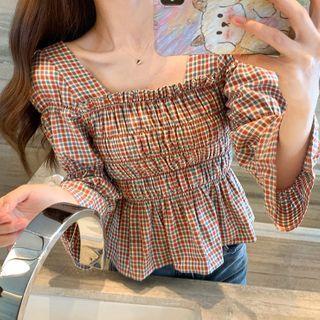 Plaid Puff-sleeve Peplum Blouse As Shown In Figure - One Size