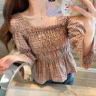 Plaid Puff-sleeve Peplum Blouse As Shown In Figure - One Size