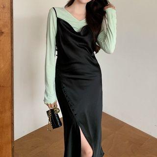 Long-sleeve Plain T-shirt / Spaghetti Strap Satin Midi Dress