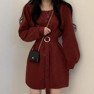 Long-sleeve Button-up Belted Mini A-line Dress