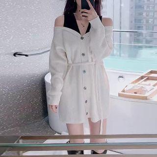 Long-sleeve Cold Shoulder Tie-waist Mini A-line Dress
