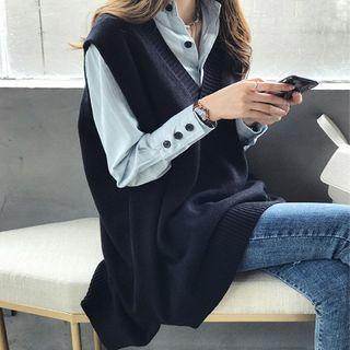 Plain Shirt / Medium Long Knit Vest / Set