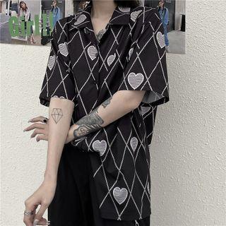 Elbow-sleeve Heart Print Shirt Black - One Size