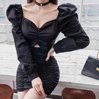 Set: Long-sleeve Crop Top + Fitted Ruched Mini Skirt