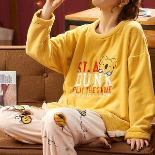 Loungewear Set : Long-sleeve Animal Print Top + Pants