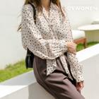Scarf-neck Balloon-sleeve Dotted Blouse