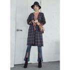 Belted-sleeve Collarless Plaid Coat