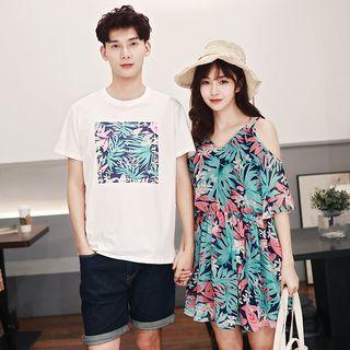 Couple Matching Floral Print Cold Shoulder Chiffon Dress / Short-sleeve T-shirt