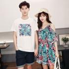 Couple Matching Floral Print Cold Shoulder Chiffon Dress / Short-sleeve T-shirt