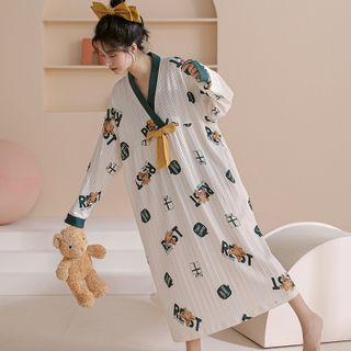 Long Sleeve V-neck Print Sleep Dress