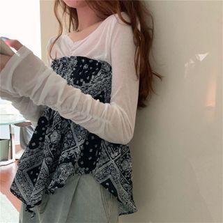 Long-sleeve Plain T-shirt / Print Tube Top