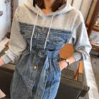 Inset Hoodie Buttoned Belted Denim Dress