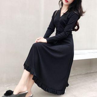 Long-sleeve Frill Hem Midi A-line Dress