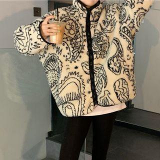 Stand Collar Paisley Print Fleece Jacket Print - Beige - One Size