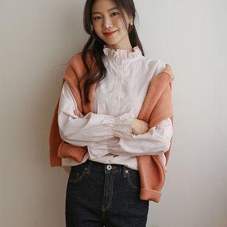 Frill-neck Plain / Stripe Blouse