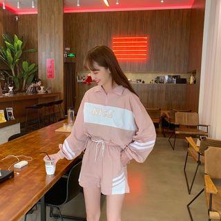 Set Of 2: Stand-collar Long-sleeve T-shirt + Drawstring Shorts