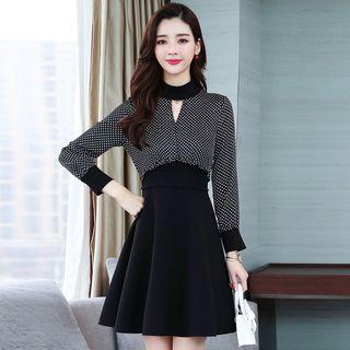 Long-sleeve Polka Dot Panel Mini A-line Dress