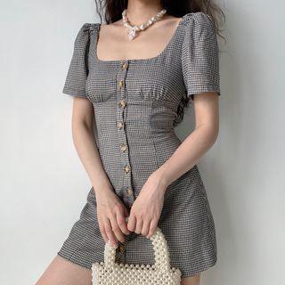 U-neck Plaid Single-breasted Puff-sleeve Dress