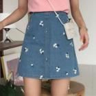 Daisy Embroidered High-waist A-line Denim Skirt