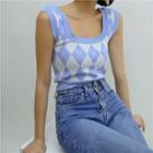 U-neck Two Tone Plaid Knit Cropped Vest