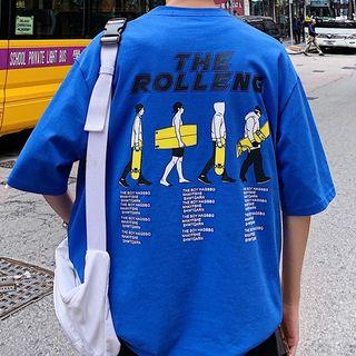 Elbow-sleeve Print Lettering T-shirt