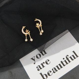 Rhinestone Moon & Star Fringed Earring 1 Pair - Silver - Gold & Silver - One Size