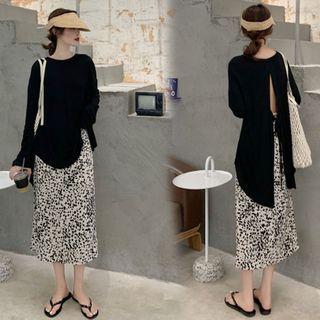 Long-sleeve Slit T-shirt / Leopard Print Midi Skirt