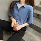 Elbow-sleeve Striped Buttoned T-shirt