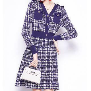 Plaid Long-sleeve A-line Dress Purple & White - One Size