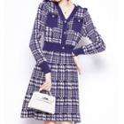 Plaid Long-sleeve A-line Dress Purple & White - One Size