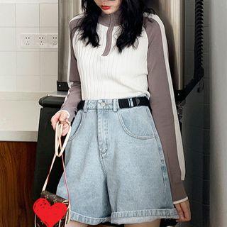 Color Panel Long-sleeve Knit Stand-collar Top