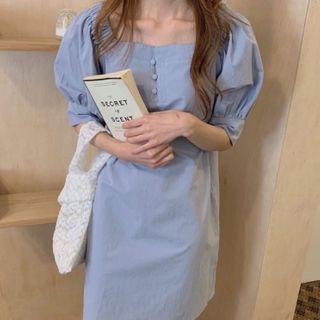 Balloon-sleeve A-line Dress Blue - One Size