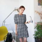 Puff-sleeve Wrap-front Plaid Sheath Dress