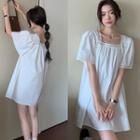 Puff-sleeve Lace Trim A-line Dress White - One Size