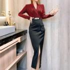 Long-sleeve V-neck Belted Slit-hem Midi Sheath Dress