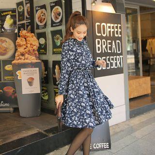 Mandarin-collar Floral Shirtdress With Sash