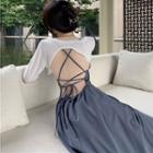 Open-back Strappy A-line Maxi Dress / Plain Long Sleeve Cape Top