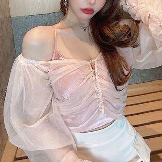 Set: Spaghetti Strap Velvet Top + Mesh Blouse
