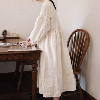Balloon-sleeve Pintuck A-line Midi Dress Beige - One Size