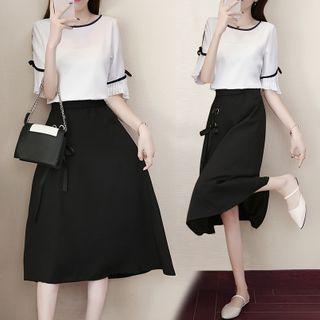 Set: Elbow-sleeve Top + Midi A-line Chiffon Skirt