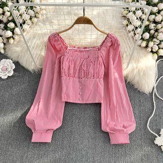 Puff Sleeve Square Neck Pinstripe Blouse