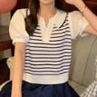 Puff-sleeve Mock Two-piece Striped Shirt Stripe - Black & White - One Size