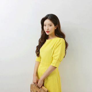 Puff-sleeve A-line Linen-blend Dress