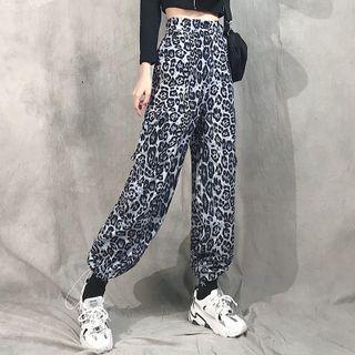 Drawstring Gathered Cuff Leopard Print Cargo Pants
