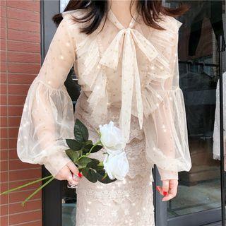 Star Print Mesh Tie-neck Long-sleeve Top