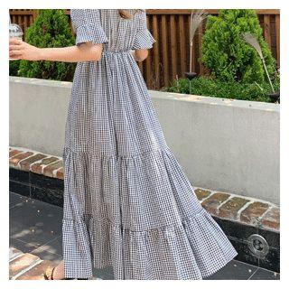 Gingham-check Wrap-front Long Cotton Dress Black - One Size