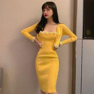 Set: Lace Trim Light Cardigan + Spaghetti Strap Dress