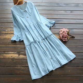 Flared-cuff Ruffled Midi A-line Denim Dress Light Blue - One Size