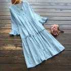 Flared-cuff Ruffled Midi A-line Denim Dress Light Blue - One Size